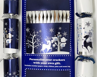 Crackers Ltd Set of 12 Flat Pack Make your own Christmas Crackers - The Snowy Forest at Midnight Christmas – Blue and Silver Reindeer Design
