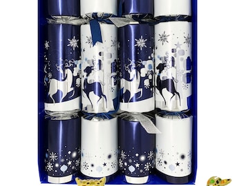 Snowy Forest Christmas Crackers with Mosaic Animal Ornaments, Blue and Silver, Set of 4