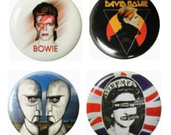 Rock of the 1970's Badges  - Christmas Stocking Fillers.  David Bowie, Pink Floyd, The Pistols