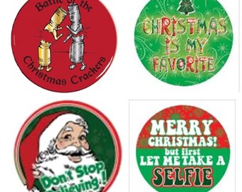 Funny Christmas badges - with festive expressions.  Ideal for a cheeky stocking filler or Secret Santa