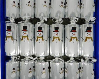 Set of 6 Fill Your Own Festive Snowman Christmas Crackers Box of 6 large barrelled crackers in Silver