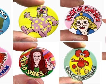 Retro 1980's TV Themed Badges for Adults! Mr Blobby, Young Ones, Hi de Hi and more!  - Ideal for Christmas Cracker fillers or Secret Santa