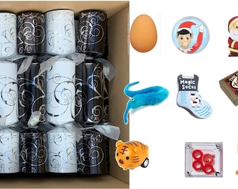 Bulk Buy Pack of 50 x 30cm Black and White with Silver Swirls Design Christmas Crackers with organza ribbons.