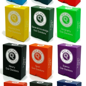 May include: A selection of colourful trivia quiz boxes. Each box is a different colour and features the "Quiz Whiz" logo and a trivia category, such as "Animals" or "Films & TV". The boxes are designed for 2+ players, age 8+.