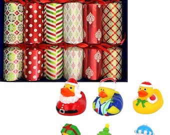 Set of 6 large Christmas Crackers with Colurful Rubber Ducks, assorted designs