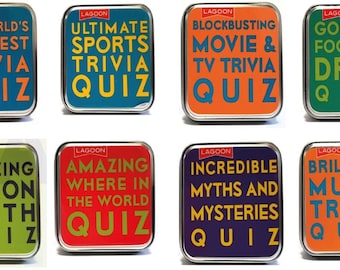 Tabletop Trivia Quiz in a tin- assorted themes Sports, Music, Food and Drink and more