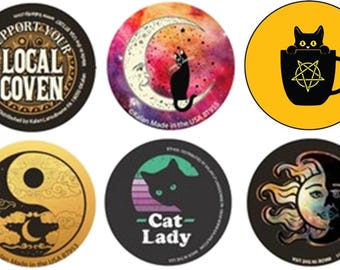 Black Cat & Witch Coven Badges – Halloween Pins (30mm)