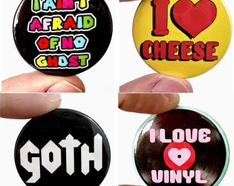 Retro 1980's Badges for Adults! Ghostbusters, Vinyl, Goth, Cheese and more!  - Ideal for Christmas Cracker fillers or Secret Santa