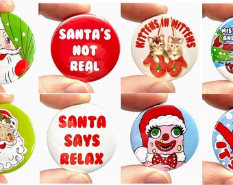 Retro Christmas Badges, Mariah, Cliff, Mr Blobby , Santa and more (38mm)