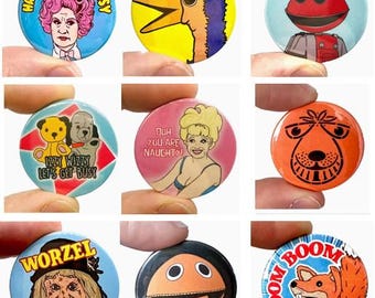Retro 1970's Badges for Adults! Space Hopper, Basil Brush Emu, Wombles and more!  - Ideal for Christmas Cracker fillers or Secret Santa