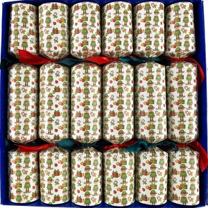 May include: A box of Christmas crackers, each cylindrical and patterned with green elves and gift boxes on a cream background. The crackers are tied with red and green ribbons. The box is blue.
