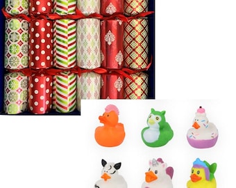 Set of 6 large Christmas Crackers with Colurful Rubber Ducks, assorted designs
