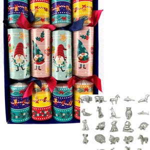 May include: A box of Christmas crackers with festive designs, including gnomes and seasonal patterns. Each cracker is cylindrical and tied with red and blue ribbons. The image also shows a collection of small metal animal figurines.