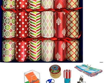Set of 6 Large Selection Box of Christmas Crackers - with hankies, pefume, hip flask, light, kalediscope and puzzle