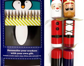 Set of 12 Flat Pack Make Your Own Christmas Crackers Festive Characters - Reindeer, Nutcracker, Snowman, Elf, Santa