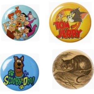 May include: Four circular badges featuring cartoon characters. One shows characters from The Flintstones. Another features Tom and Jerry with the text "Tom and Jerry". A third has Scooby-Doo with the text "Scooby-Doo!". The last badge depicts a cat.