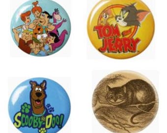 Retro TV and Book Character Badges: Alice, Tom and Jerry, Scooby, Flintstones.  Great stocking filler