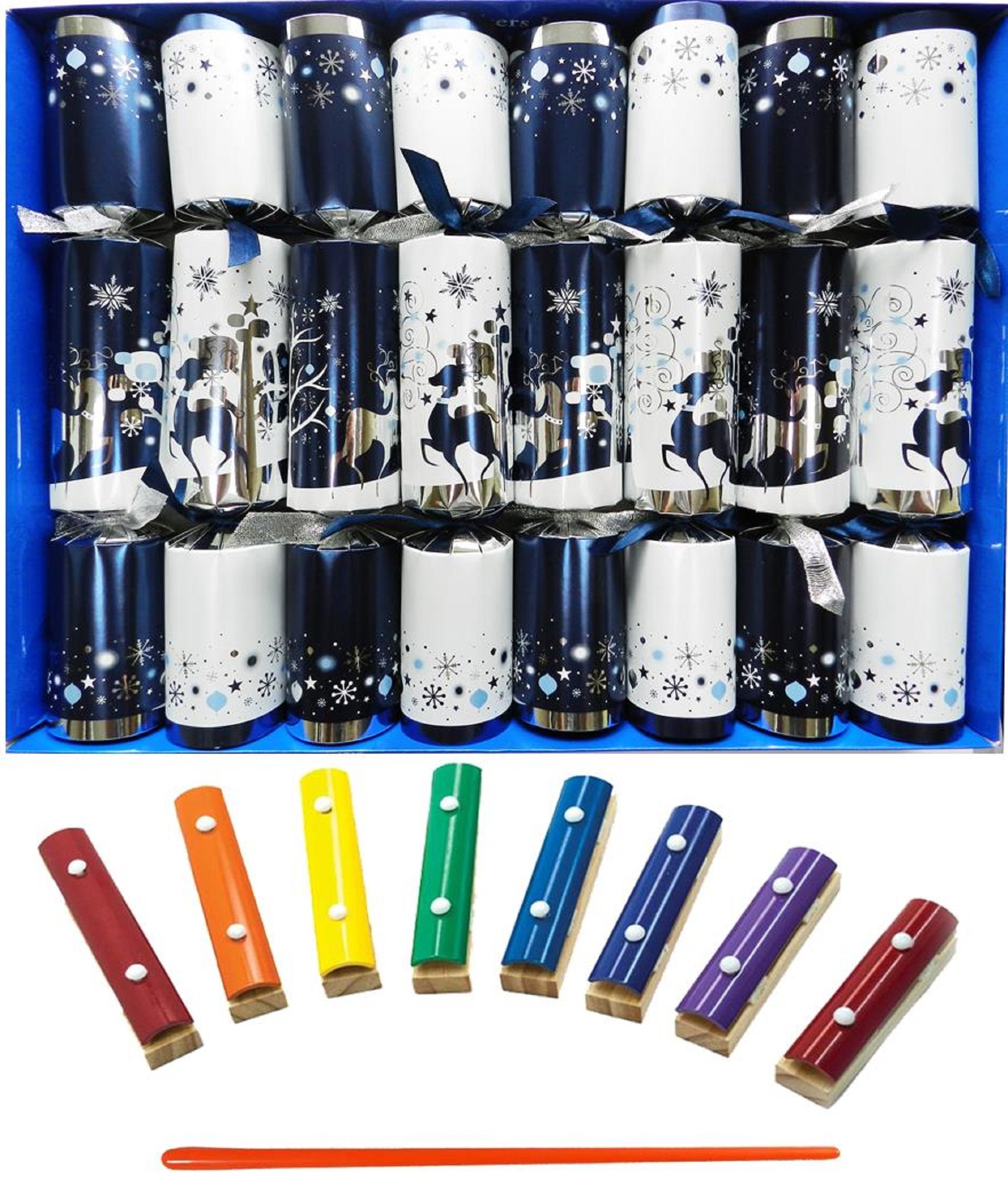 Set of 8 Snowy Forest Musical Christmas Crackers with Mini Xylophones