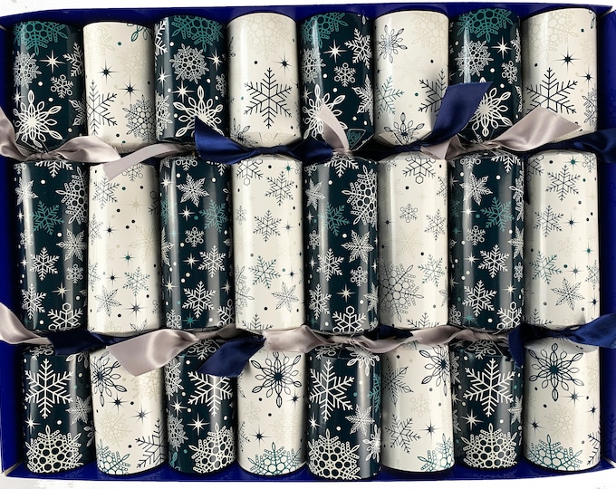 Featured listing image: Fill Your Own Christmas Box of 8 Midnight Snowflake Design with Satin Ribbons
