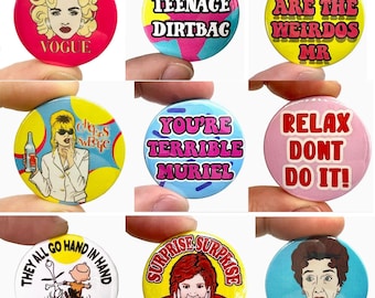 Retro 1990's Badges for Adults! Weirdos Mr, Teenage Dirtbag  Relax, Muriel and more!  - Ideal for Christmas Cracker fillers or Secret Santa