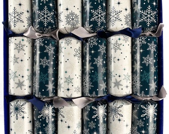 Fill Your Own Christmas Box of 12 Midnight Snowflake Design with Satin Ribbons