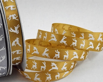 10mm Reindeer printed satin ribbon - in Gold or Silver.  10m roll