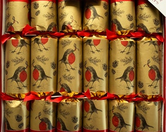 Set of 12 Gold Robin Christmas Crackers by Robin Reed