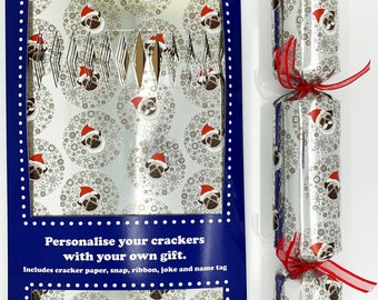 Set of 12 Flat Pack Make Your Own Silver Christmas Crackers Christmas Pugs Design