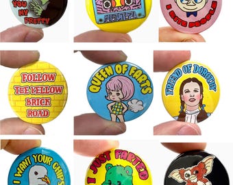 Retro Style Fun Badges for Adults! Dorothy, Queen of..., I bite people, and more!  - Ideal for Christmas Cracker fillers or Secret Santa