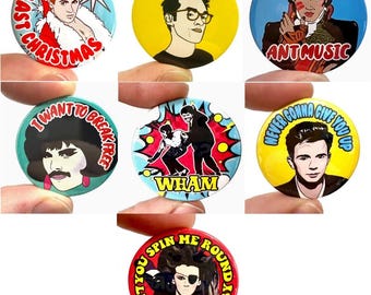 Retro 1980's Pop Badges for Adults! Wham, Adam Ant, Morrissey, Rick and more!  - Ideal for Christmas Cracker fillers or Secret Santa