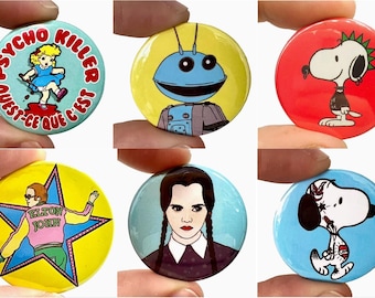 Retro 1970's Badges for Adults! Wednesday Adams, Snoopy, Elton John and more!  - Ideal for Christmas Cracker fillers or Secret Santa