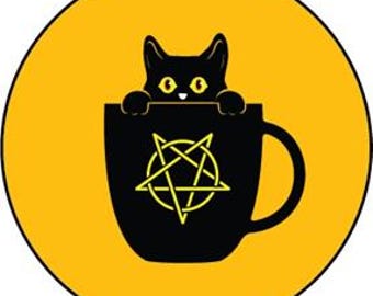 Black cat in a coffee cup badge/pin.   Badges for Cat Lovers!  Ideal as Christmas Cracker Fillers or Secret Santa
