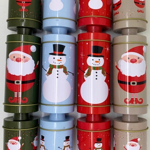 Set of 4 Reusable Tin Christmas Cracker shaped Tins - no snaps, hats and jokes starter pack included - pet safe , travel safe