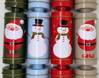 Set of 4 Reusable Tin Christmas Cracker shaped Tins - no snaps, hats and jokes starter pack included - pet safe , travel safe