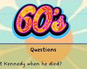 Digital Download Trivia through the decades (25 questions)  1960's films, culture, events & more-ideal for travel, cracker filler, wedding