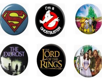 Film Legends Badges: Ghostbusters, Rocky Horror, Wizard of Oz , Farrah, and more- Stocking or Crackers Fillers