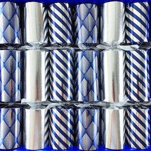 Set of 6 Family Size Large Selection Box of Christmas Crackers in Silver and Blue with selected gifts and bespoke blue hats