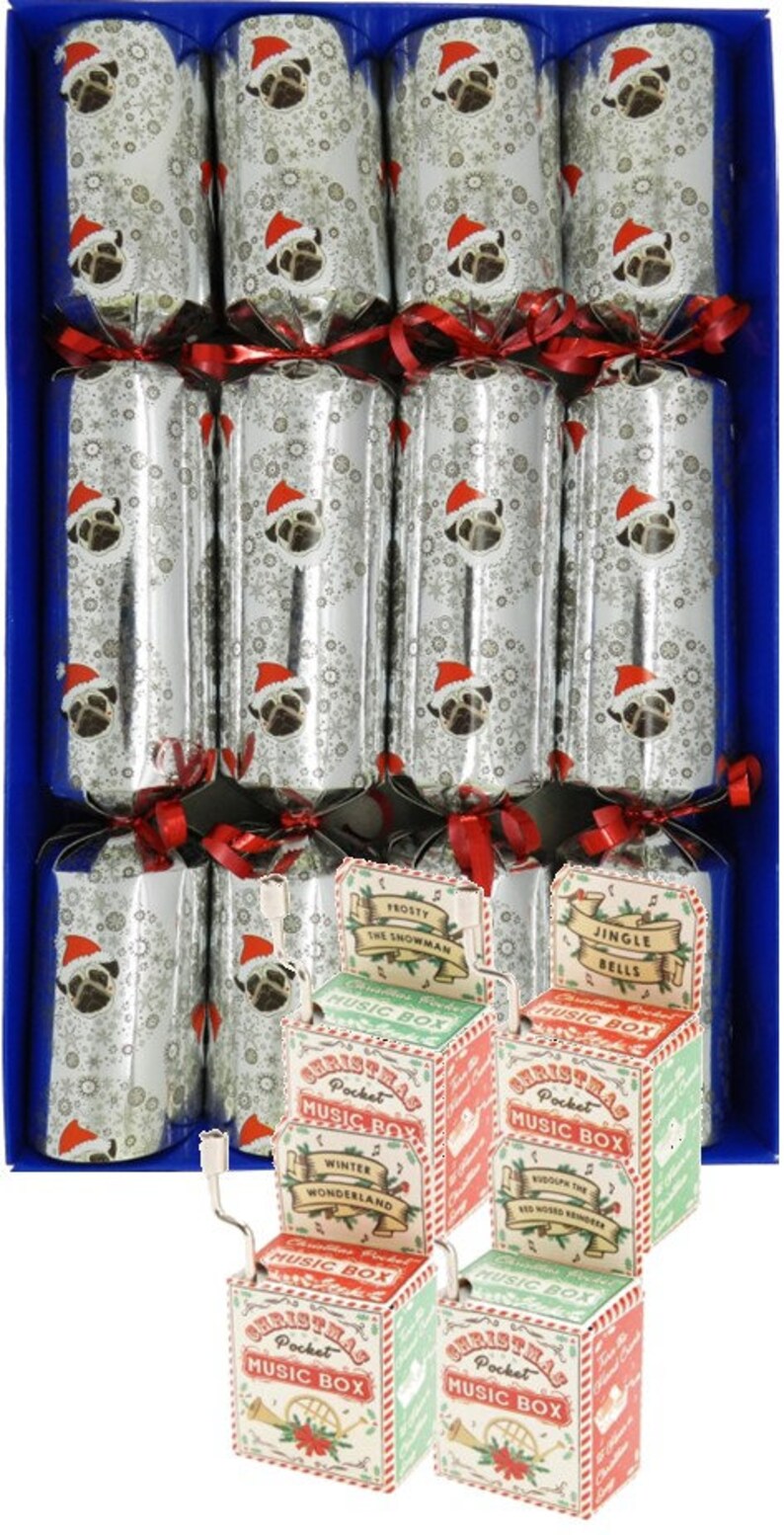 Set of 4 Quality Christmas Crackers Containing Tiny Wind up Music Boxes