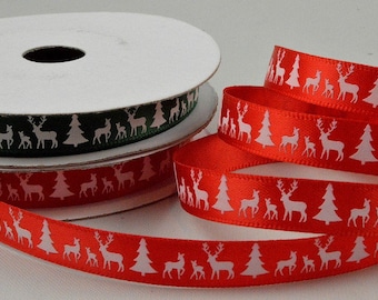 10mm Reindeer and Christmas Trees printed satin ribbon - in red or green.  10m roll
