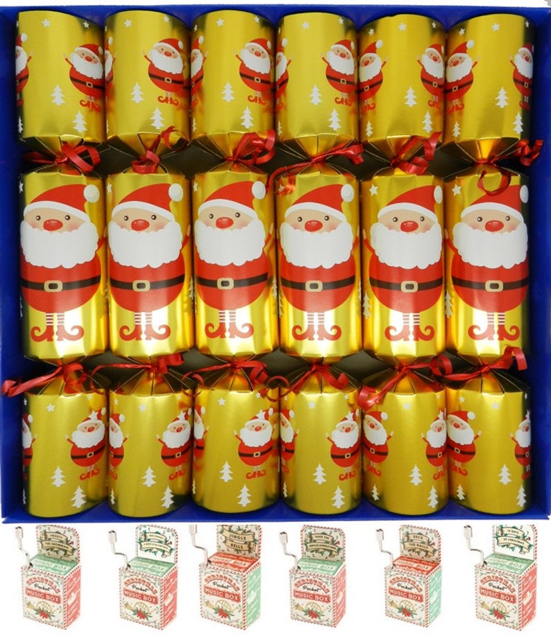 Set of 6 Santa Design Christmas Crackers Containing Tiny Wind up Music