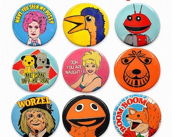 Retro 1970s Character Badges: Space Hopper, Emu, Zippy (38mm)