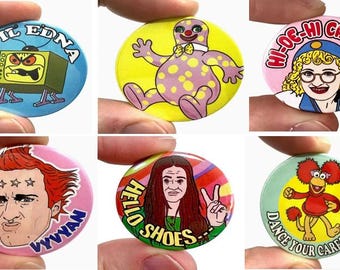 Retro 1980's TV Themed Badges for Adults! Mr Blobby, Young Ones, Hi de Hi and more!  - Ideal for Christmas Cracker fillers or Secret Santa