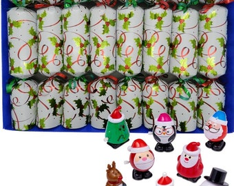 Set of 8 Racing Clockwork Characters Christmas Crackers - snowman, trees, santa and more.  Assorted cracker designs