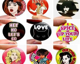 Rock Legend Badges for Adults! Kate, Dolly, Elvis, The Cure. Spice Girls,Tina & more!  - Ideal for Christmas Cracker fillers or Secret Santa