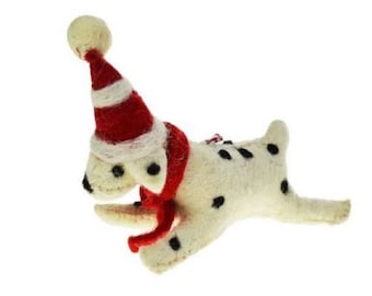 Felt Dalmatian Dog in hat and scarf - Fair Trade Hanging decoration