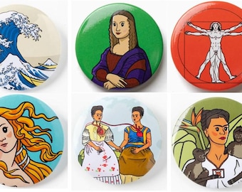 Pop Art Artist Badges: Botticelli, Da Vinci, Frida, Hokusai