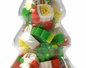 Set of Mini Christmas Erasers in a Christmas Tree shaped container