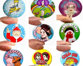 Retro 1970's Badges for Adults! Mr Ben,  Crystal Tips, Aunt Sally & more!  - Ideal for Christmas Cracker fillers or Secret Santa