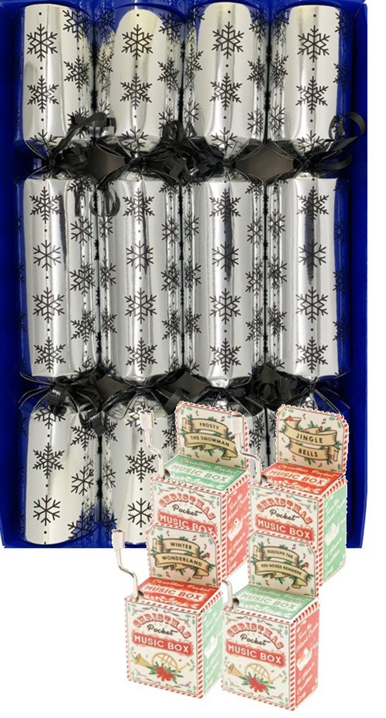 Set of 4 Quality Christmas Crackers Containing Tiny Wind up Music Boxes