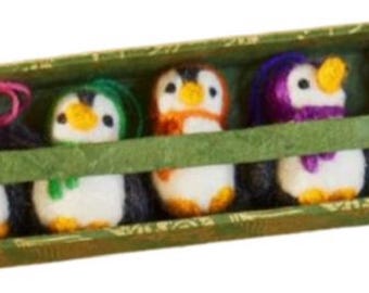 Set of 5 Felt Christmas Penguins in a gift box  - Hanging decoration for the Christmas Tree